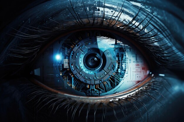 Sensor implantado chip en ojo humanoOjo de inteligencia artificial IA generativa