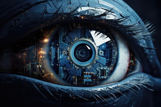 Sensor implantado chip en ojo humanoOjo de inteligencia artificial IA generativa