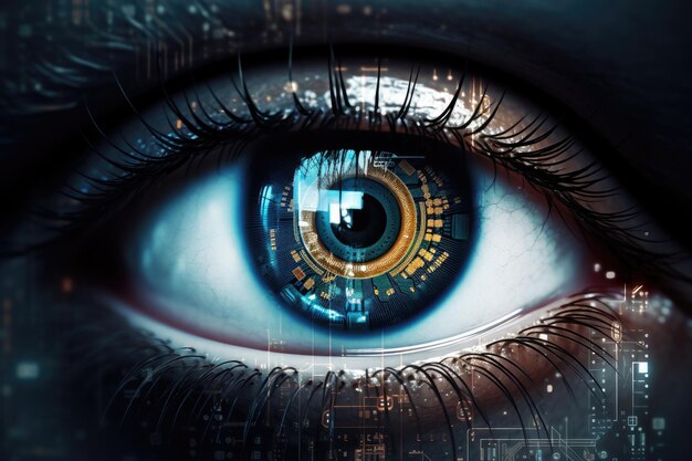 Sensor implantierter Chip in menschliches Auge. Auge mit künstlicher Intelligenz. Generative KI