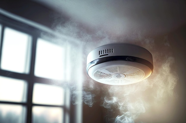 Sensor de rescate de alarma de humo colgando del techo en interiores