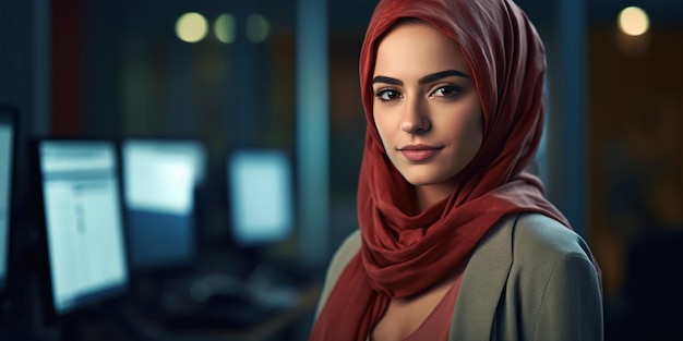 Sensual árabe desenvolvedora de software em um escritório moderno, exalando confiança com um leve sorriso Representa experiência e criatividade na indústria de tecnologia Generative AI