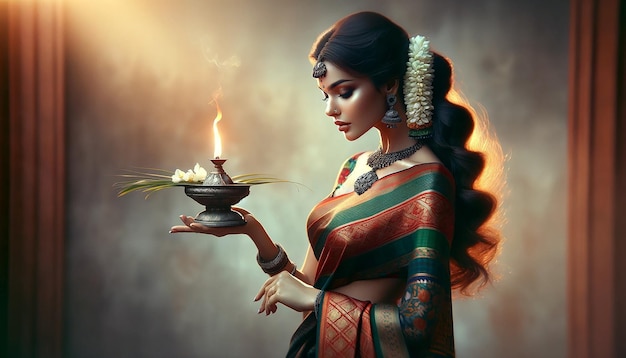 Una sensual mujer tamil en un tradicional sari tamil con gracia sosteniendo una lámpara de aceite vilakku encendida