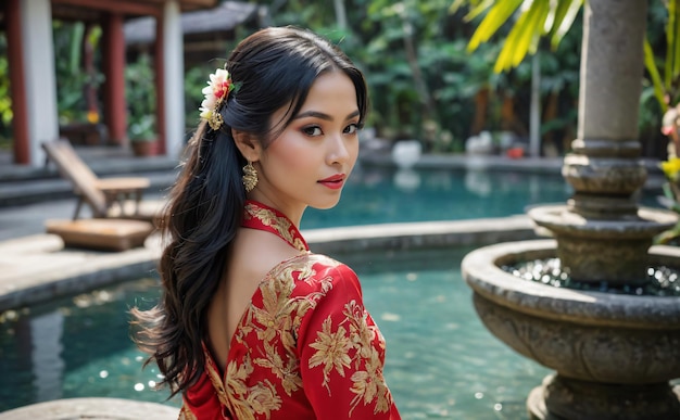 Foto sensual serenity menina balinesa em kebaya vermelha em uma pose atraente gerada por ia