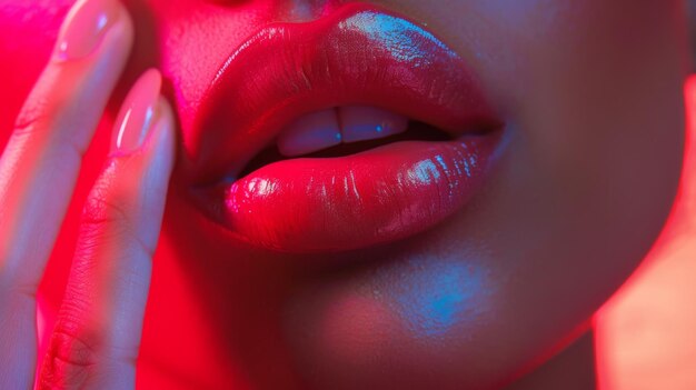 Los sensuales labios rojos y la mano femenina en la brillante iluminación de neón