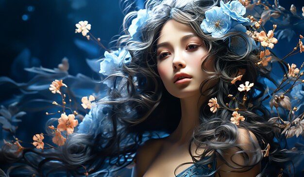 Sensualidad y romanticismo en el retrato de una mujer con flores en el cabello AI Generative