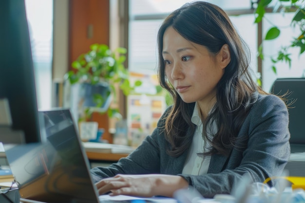 Foto sentada em sua mesa de escritório, uma ocupada mulher de negócios japonesa está absorta em seu laptop.