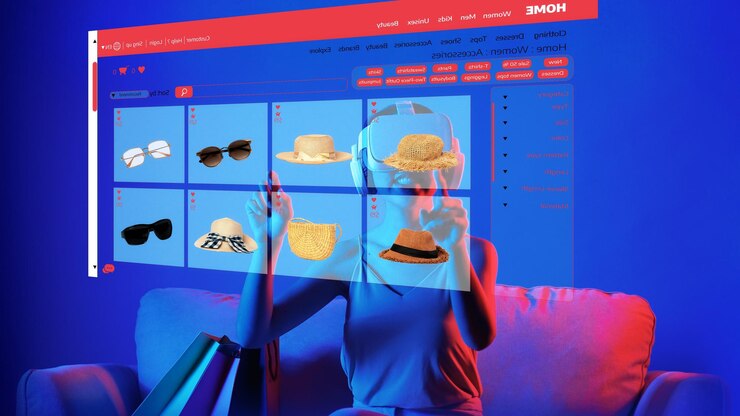 Foto sentada en el sofá mujer usando vr para meta elegir gafas y sombrero alucinación