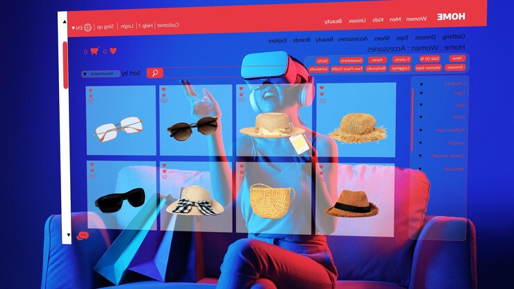 Foto sentada en el sofá mujer usando vr para meta elegir gafas y sombrero alucinación