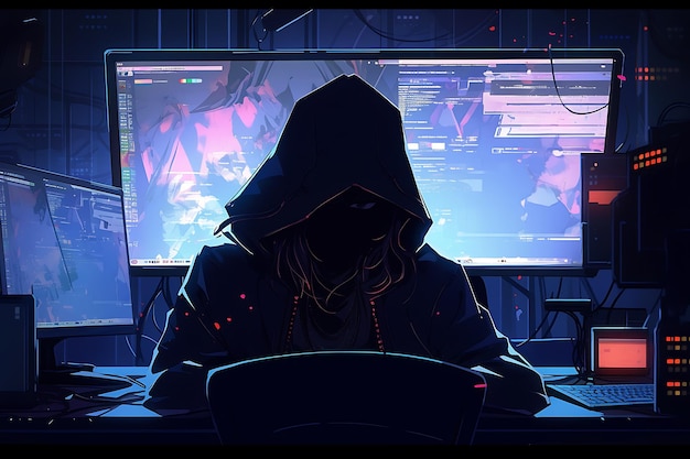 sentado en el concepto de seguridad cibernética y antispyware generado por la IA del hacker informático