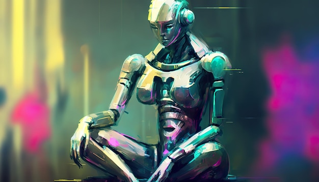 Sentado e pensando robô metálico Ilustração criativa Ai Generate