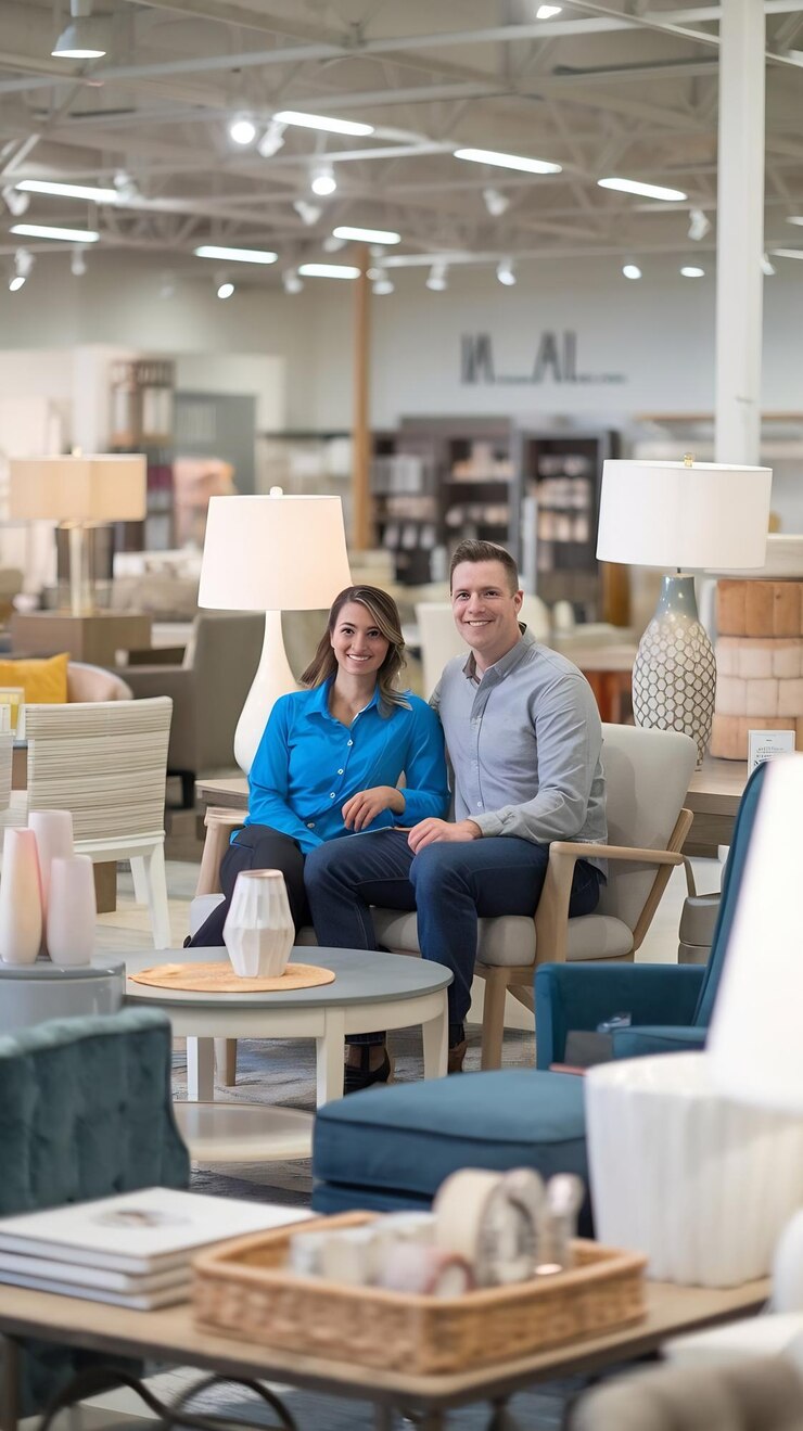 Foto sentado y la elección de parquet mujer y hombre está en la tienda de bienes para el hogar