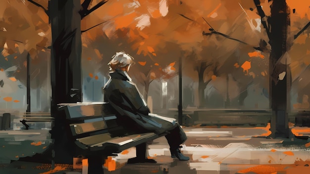 Sentado em um banco em um parque, perdido em pensamentos, ilustração de arte digital, IA generativa