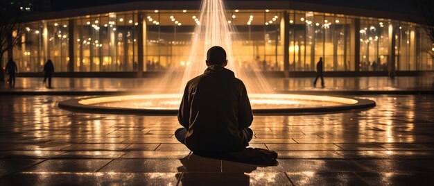 Foto a sentado frente a una fuente por la noche