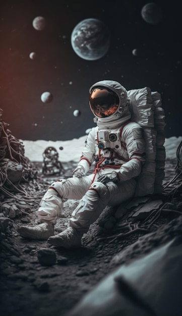 Sentado olhando para a vista Astronauta que está em traje espacial Bela imagem de ilustração IA generativa