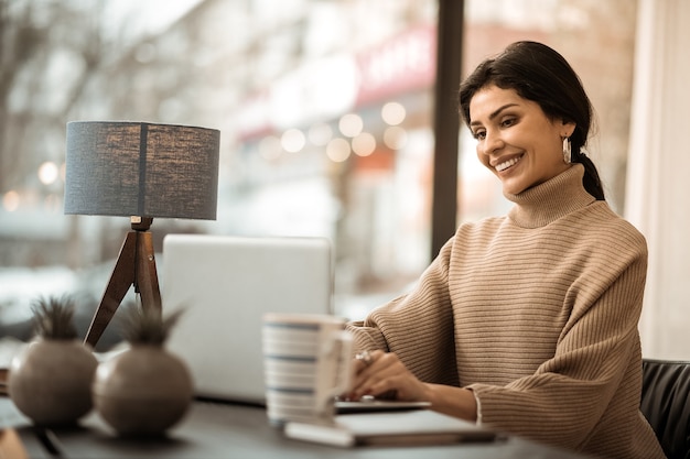 Sentado pensativo. Ocupada mujer guapa concentrada en suéter beige observando información en la pantalla del portátil