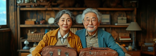 Sentados en la cama preparando las maletas y haciendo planes para viajar después de la jubilación está una encantadora pareja de ancianos asiáticos