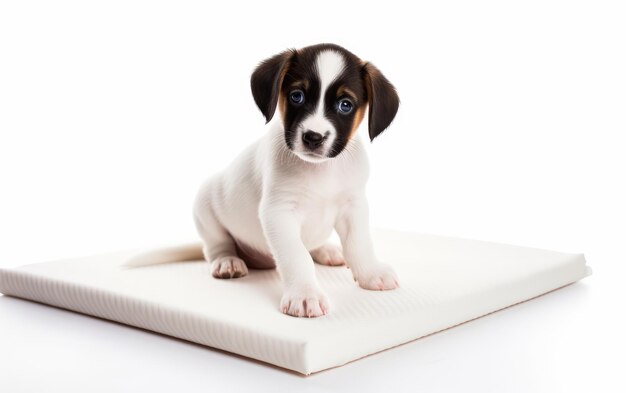 Sentando a un lindo perro blanco en almohadillas de entrenamiento aisladas sobre un fondo blanco