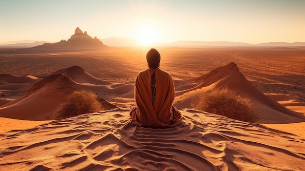 Sentarse y meditar en el desierto para el despertar espiritual IA generativa