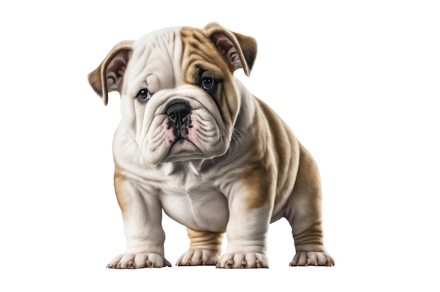 Sentido: Um bulldog que é um cachorro branco e marrom com rosto branco.