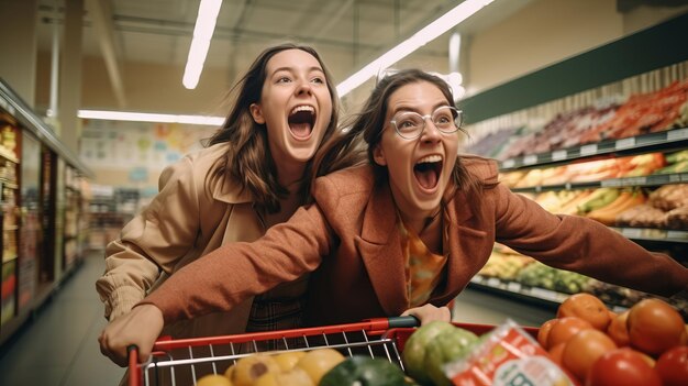 Sentirse emocionado Dos mujeres jóvenes tienen un día de compras juntas en el supermercado