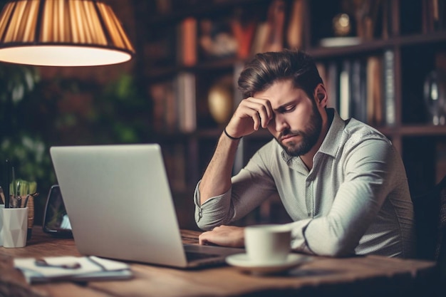 Sentirse enfermo y cansado Joven frustrado masajeando su nariz y manteniendo los ojos cerrados mientras está sentado en su lugar de trabajo en la oficina IA generativa