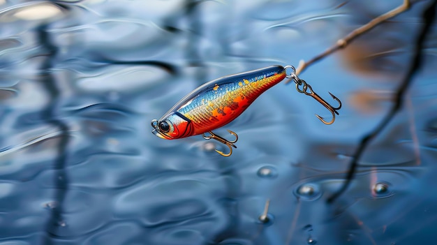 Foto un señuelo de pesca está suspendido en el aire sobre un lago el señuelo es rojo, azul y amarillo con un gancho triple en la parte delantera y un solo gancho en la parte trasera