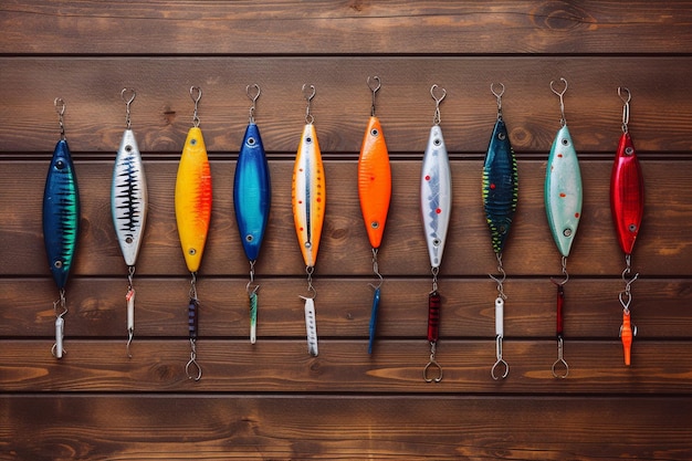 Foto señuelos de pesca de colores diagonales en superficie de madera