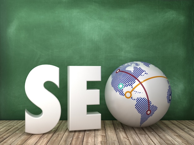 SEO 3D Word con Globe World en el fondo de la pizarra