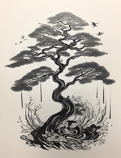 SEO-freundlicher Titel, fesselnde, von japanischer Tinte inspirierte Baumillustration