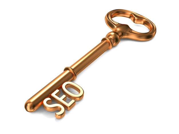 SEO - Goldener Schlüssel. 3D-Rendering. Unternehmenskonzept.