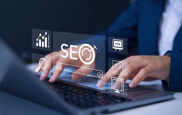 SEO-Konzept für Suchmaschinenoptimierung Geschäftsmann berührt KI