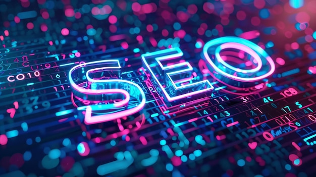 SEO-Logo auf dem blauen digitalen Hintergrund Die Suchmaschinenoptimierung ist eine Reihe von Maßnahmen, die darauf abzielen,