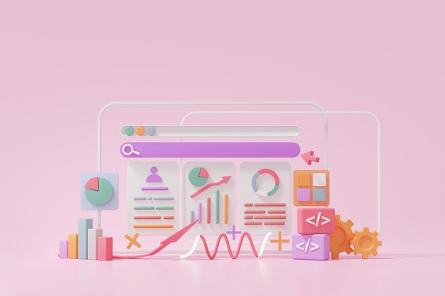 SEO o optimización de motores de búsqueda concepto de marketing en línea gráfico de crecimiento informe análisis web haga clic en buscar información computadora en fondo rosa pastel ilustración de banner 3d render