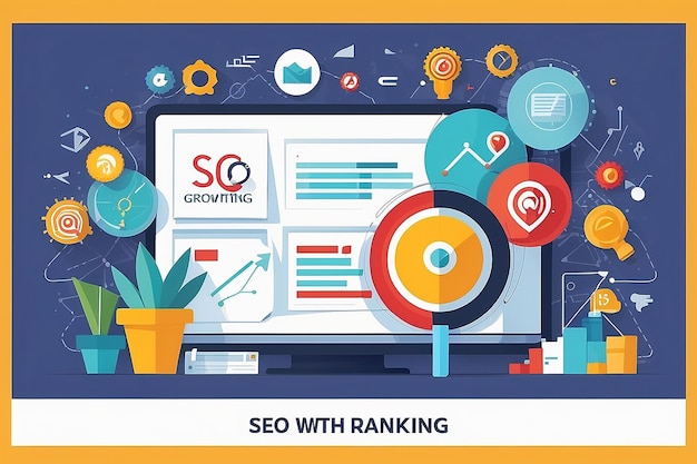 SEO ranking crescimento Análise de crescimento de marketing digital design plano vetor bandeira conceitual com ícones