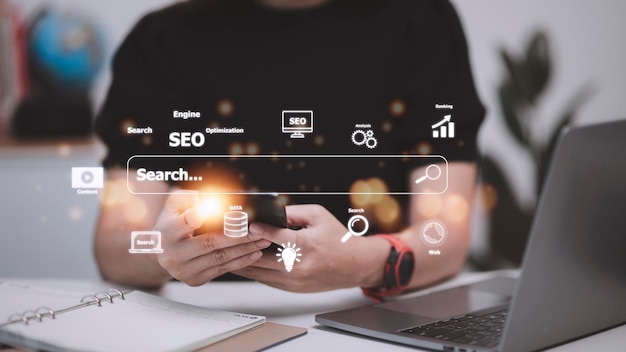 Foto seo search engine optimization digitales online-marketing und internet-technologiekonzept