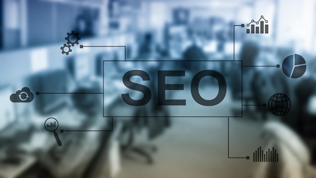 Foto seo search engine optimization marketing digital e conceito de tecnologia de internet em fundo desfocado