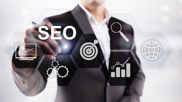 SEO Search engine optimization Marketing digital e conceito de tecnologia de internet em fundo desfocado