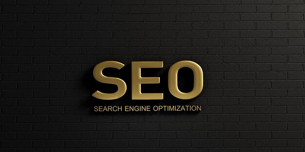 SEO-Wort in Gold Brick Wall 3D-Rendering-Illustration