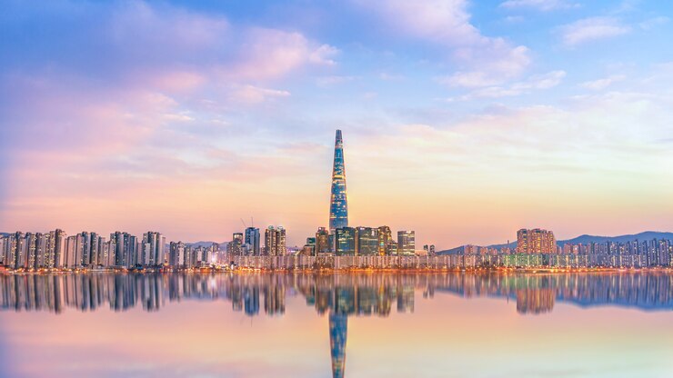 Foto seoul city sunset und han-fluss südkorea