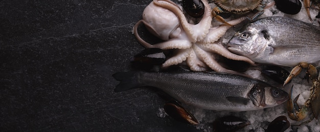 Sepia, lubina, mejillones, dorado y cangrejo azul sobre hielo, mariscos en mesa de mármol