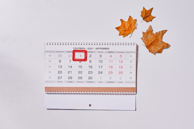 September Monatskalender und Herbstblätter auf weißem Hintergrund Draufsicht Draufsicht auf Herbstmon...