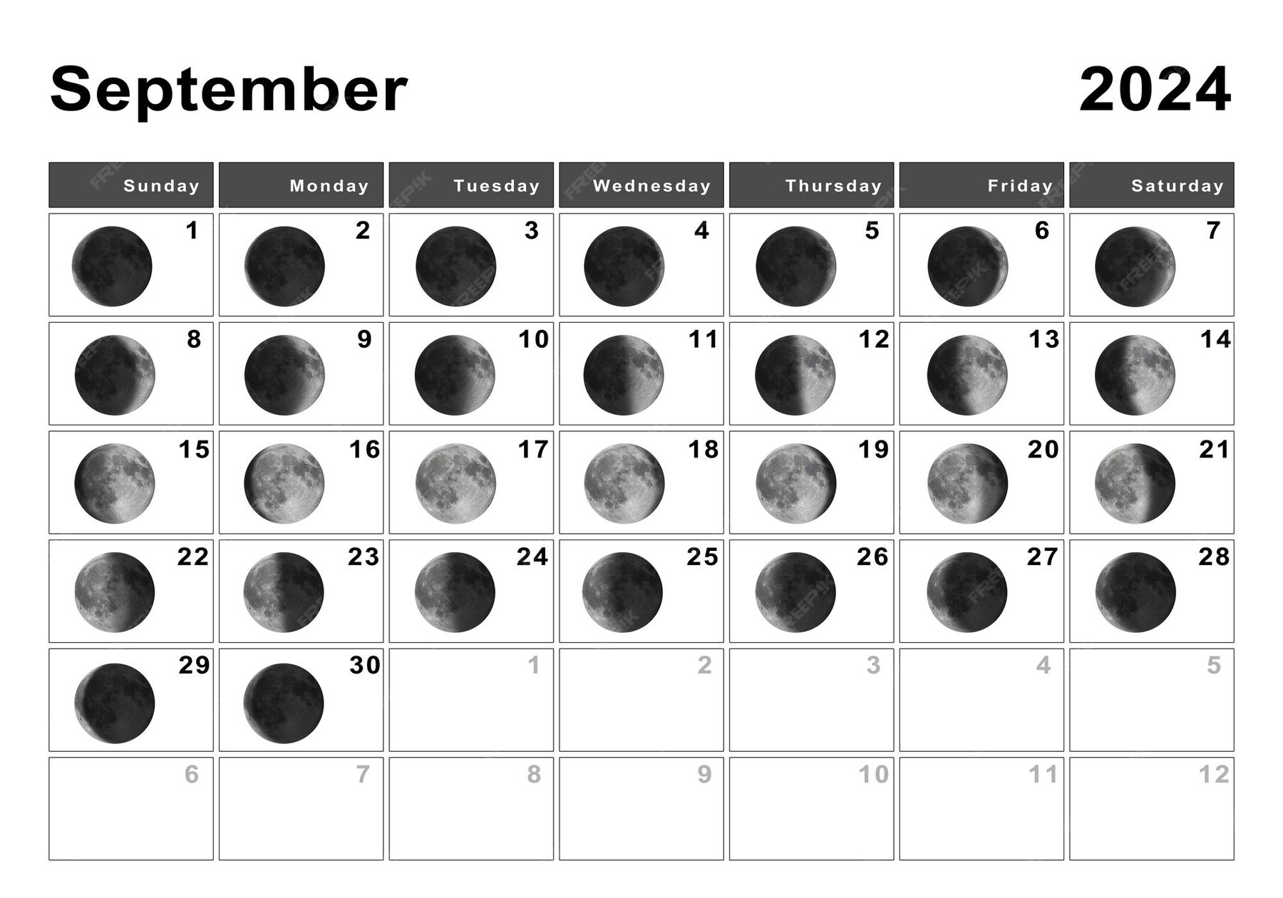 Septiembre 2024 Calendario lunar, Ciclos lunares, Fases lunares Foto