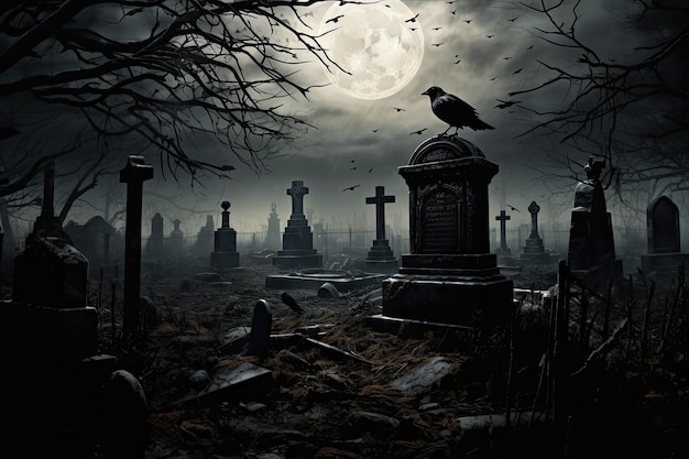 Sepulturas velhas lua e corvo no cemitério