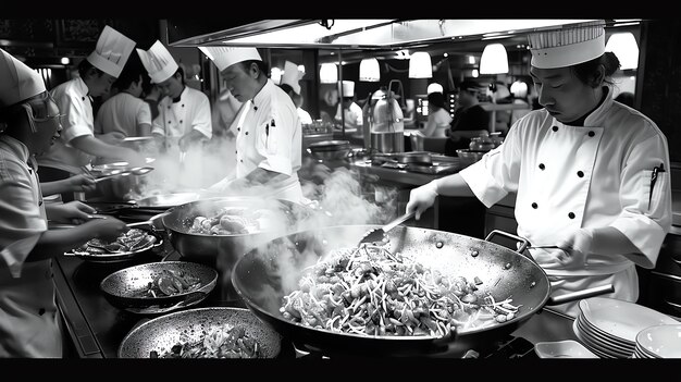 Foto sequestrando em um grande wok em uma cozinha comercial movimentada