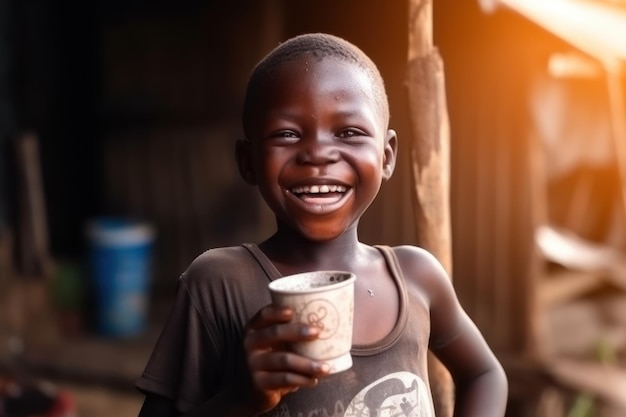 Sequía falta de agua problema riendo niño en áfrica primer plano con taza de agua generativa ai