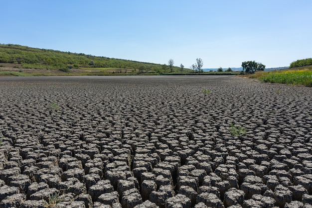 Sequía tierra agrietada profunda bajo un cielo azul