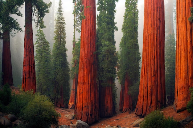 Foto sequóias gigantes na névoa da floresta de sequóias