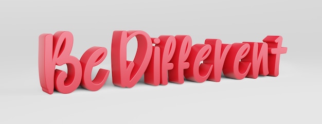 Foto ser diferente. uma frase caligráfica e um slogan motivacional. logotipo 3d rosa no estilo de caligrafia de mão em um fundo branco e uniforme com sombras. renderização 3d.