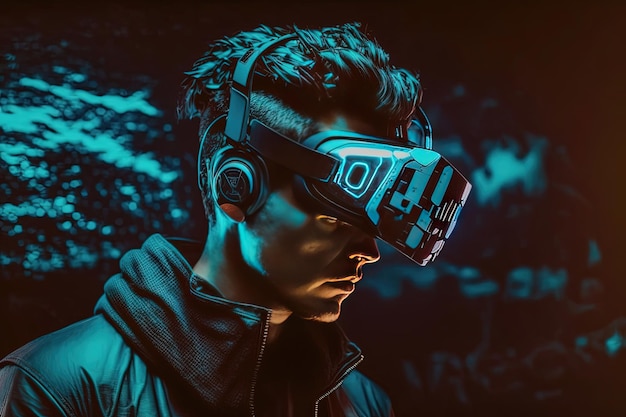Un ser humano con un casco de realidad virtual VR inmerso en un mundo inspirado en el ciberpunk IA generativa