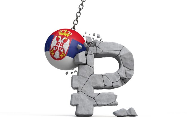 Serbien-Flaggenball zerschmettert ein russisches Rubel-Währungssymbol Wirtschaftssanktionen Konzept d rendern